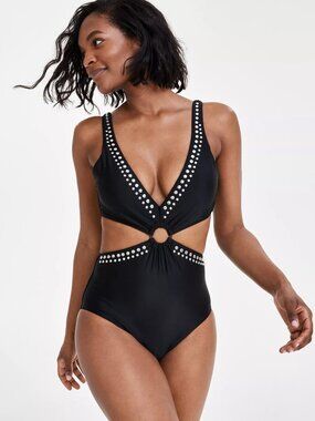 94$ Bar III Tell Me About It Stud One-Piece Swimsuit Size M Black